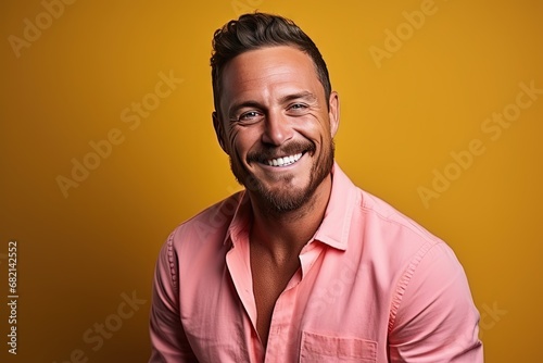 A beautiful and handsome smiling, happy and pleased man with positive vibes. Human person dressed in fashionable, colorful and fun clothes. Generative AI, AI