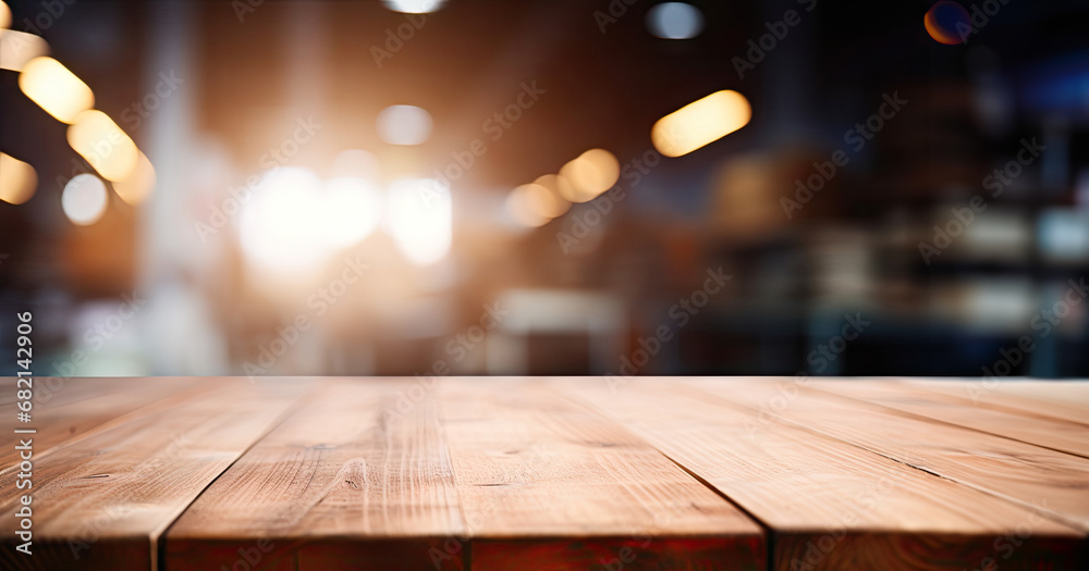 a wooden table top with a blur background of lights in the background of the table and the table top is made of wood and has a wooden surface with a. generative ai