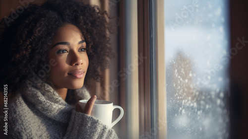 Beautiful model in cozy clothing looking outside the window to a winter scene with a cup of hot coffee