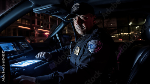 Portrait of police officer driving his squad car. Generative AI