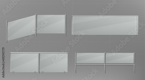 Glass handrails set isolated on transparent background. Vector realistic illustration of 3D plastic barrier, stairs balustrade for home or office interior design, plexiglass fence on metal poles