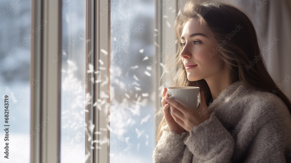 Beautiful model in cozy clothing looking outside the window to a winter scene with a cup of hot coffee Beautiful model in cozy clothing looking outside the window to a winter scene with a cup of hot coffee