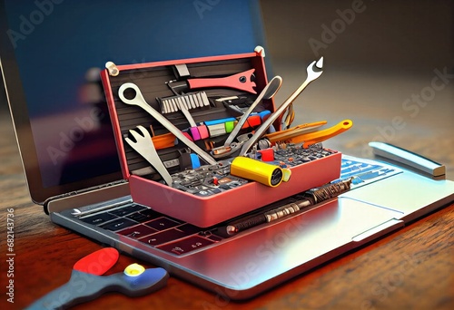 Laptop and toolbox with tools. Online support. generative ai photo
