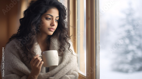 Beautiful model in cozy clothing looking outside the window to a winter scene with a cup of hot coffee