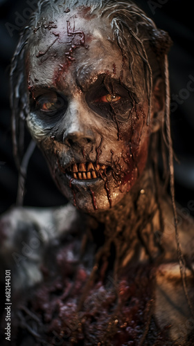Generative ai closeup portrait of woman zombie with creepy horrible face