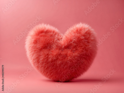 3d fluffy furry red heart on pink background
