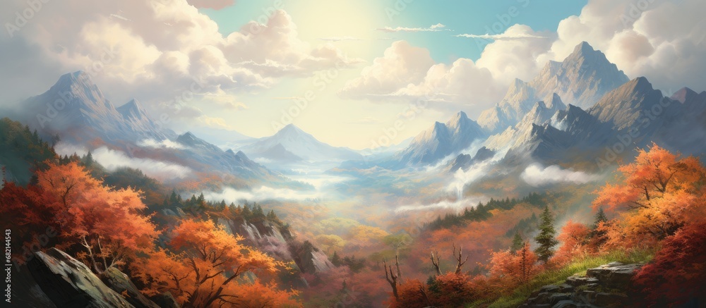 As the traveler gazed at the breathtaking landscape, the sky above filled with billowing clouds, casting ethereal light on the vibrant green and orange leaves of the trees that adorned the forest