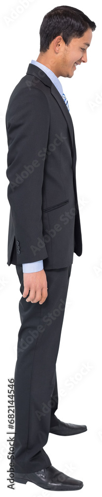 Digital png photo of happy biracial businessman looking down on transparent background Digital png photo of happy biracial businessman looking down on transparent background