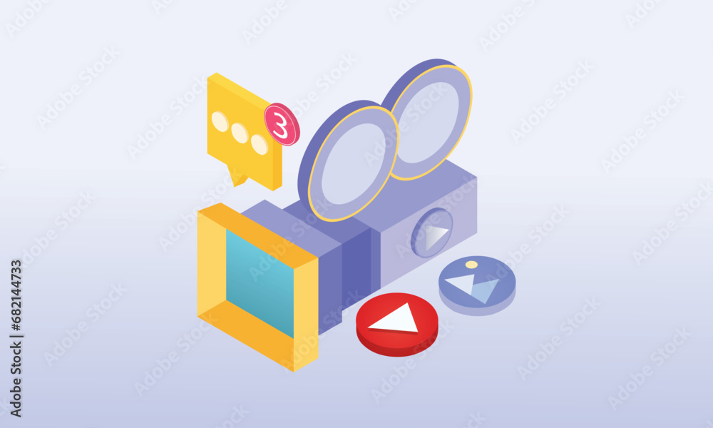 3d minimal video camera icon isolated with lens and button. Realistic film movie icon, play button for streaming multimedia concept. 3d cinema record icon .on pastel purple background. 3d minimal video camera icon isolated with lens and button. Realistic film movie icon, play button for streaming multimedia concept. 3d cinema record icon .on pastel purple background.