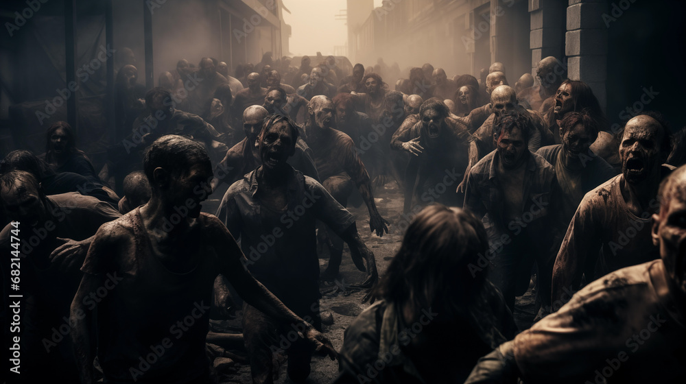Large crowd of dead zombies with glowing eyes chasing, running, generative ai