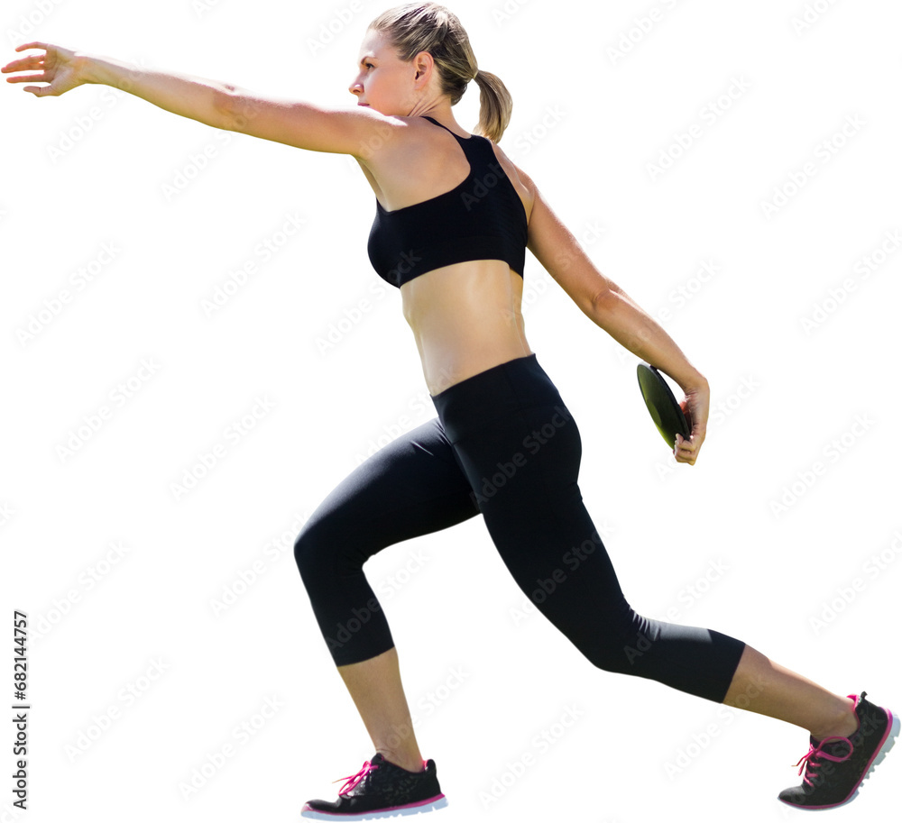 Digital png photo of focused caucasian sportswoman holding disc on transparent background