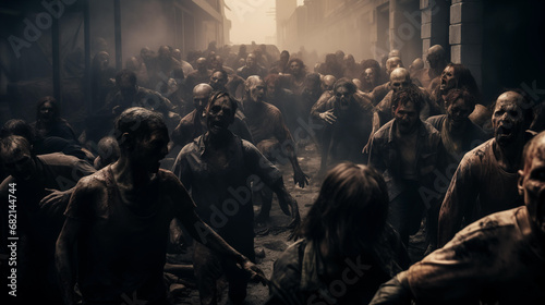 Obraz na płótnie Large crowd of dead zombies with glowing eyes chasing, running, generative ai