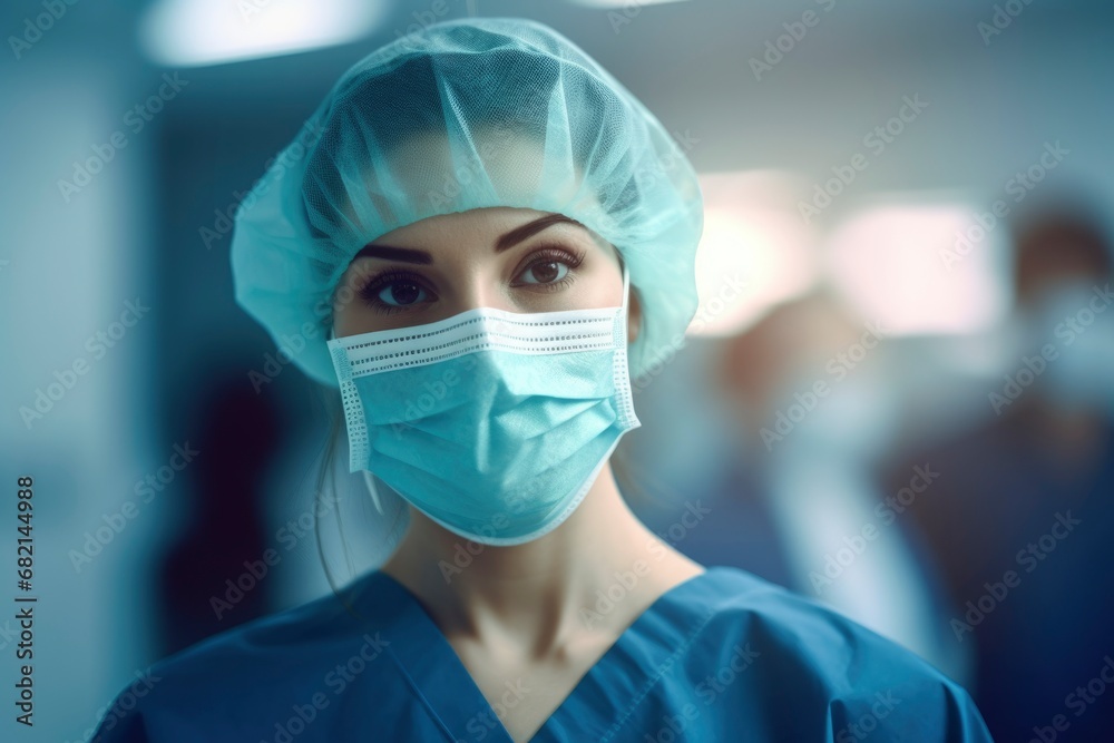 Portrait of nurse with sterile uniform and mask looking at the camera. Generative ai Portrait of nurse with sterile uniform and mask looking at the camera. Generative ai