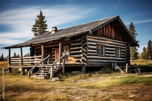 A rustic style house made from large pine logs.