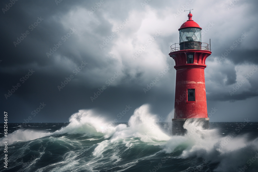 lighthouse serves as a protector during a storm, highlighting its solitary presence, turbulent ocean, and guiding light that assists ships in harsh weather conditions