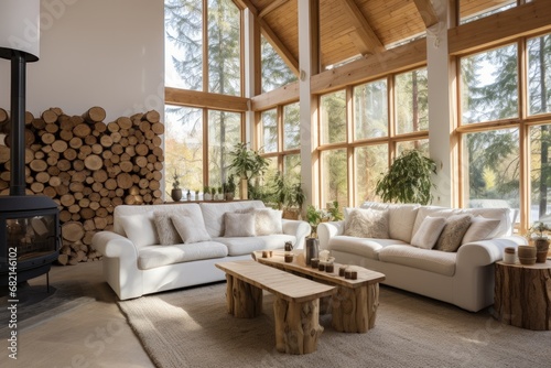 photograph of A rustic style living room decorate made from large pine logs wide angle lens realistic daylight white --ar 3:2 --stylize 250 --v 5.2 Job ID: e856a97c-9afb-4dc3-8170-36a469847fb5
