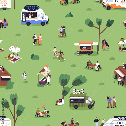 Open-air, street food festival. Summer holiday fest in park, nature with tiny people relaxing on vacation, at weekend. Characters gathering at outdoor event, public picnic. Flat vector illustration