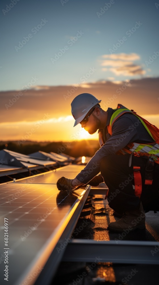 Technician works with solar panels in field with clouds and sunset background. Technician works with solar panels in field with clouds and sunset background.