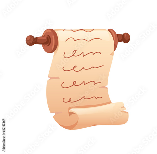 Old paper scroll on wooden handle. Vintage parchment, papyrus scroll with ancient medieval text. Historical manuscript, antique document. Flat cartoon vector illustration isolated on white background