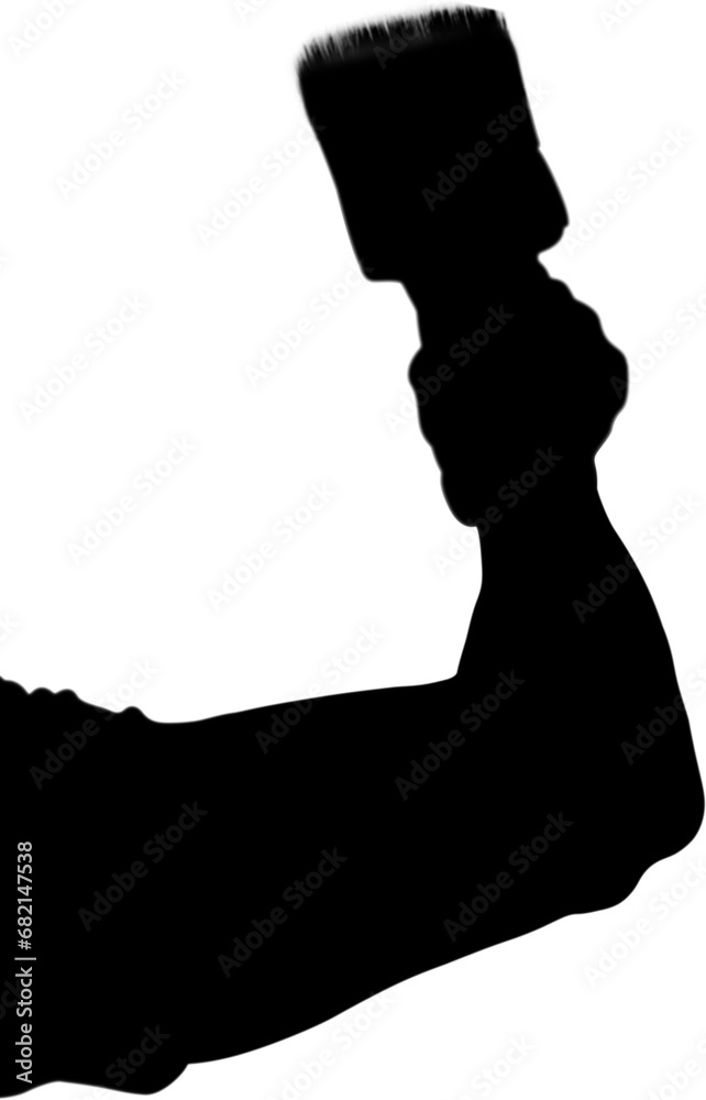 Digital png silhouette of male arm holding paint brush on transparent background