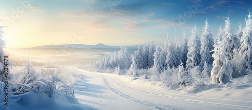In the serene winter landscape, the sun cast its warm light over the frost-kissed trees, illuminating the green forest and creating a picturesque scene against the clear blue sky as travelers