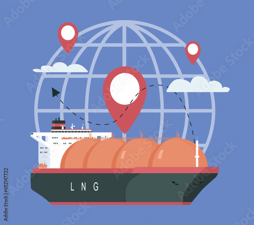 Concept illustration of maritime transportation liquefied gas on ships around the world. Vector illustration.