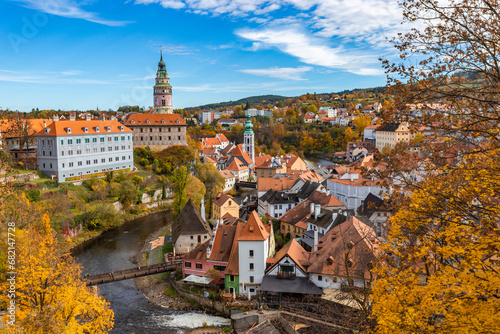 View of historical center of Cesky Krumlov town on Vltava riverbank on autumn day, Czechia.