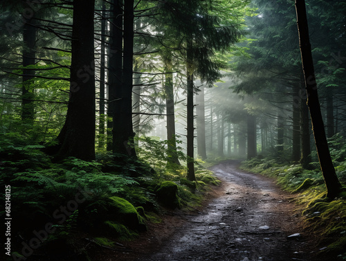 Tranquil Forest Trail Shrouded in Mist