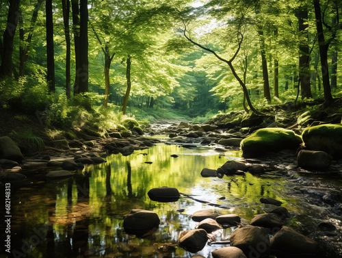 Serene Forest Clearing with a Gentle Stream and Sunlight