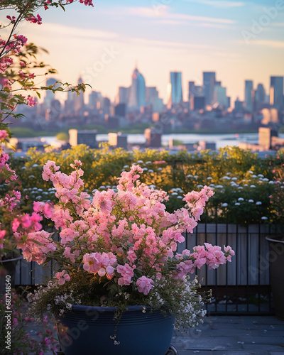 Peaceful Rooftop Garden with Blooming Flowers and a View