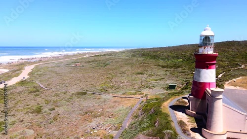 Cape Agulhas lighthouse overlooking rugged coastline, aerial view