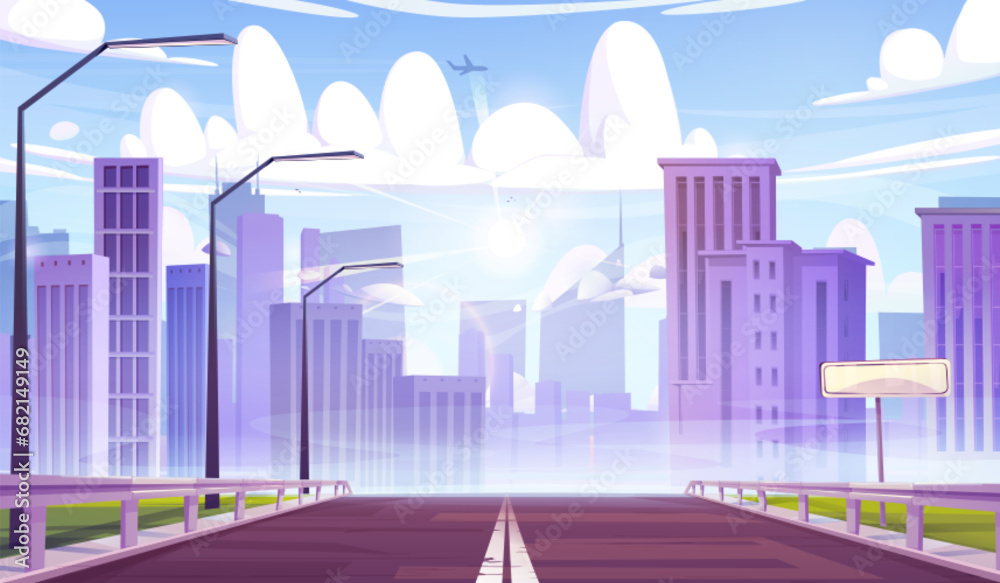 Highway to modern city with skyscrapers. Vector cartoon illustration of urban road perspective, high-rise office and housing buildings, airplane flying high in blue sky with clouds and bright sun