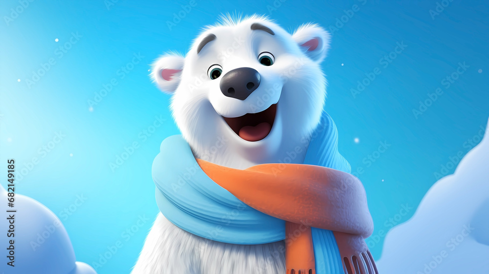 Hand drawn cartoon illustration of cute polar bear wearing scarf
 - obrazy, fototapety, plakaty 