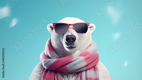 Hand drawn cartoon illustration of cute polar bear wearing scarf
 photo