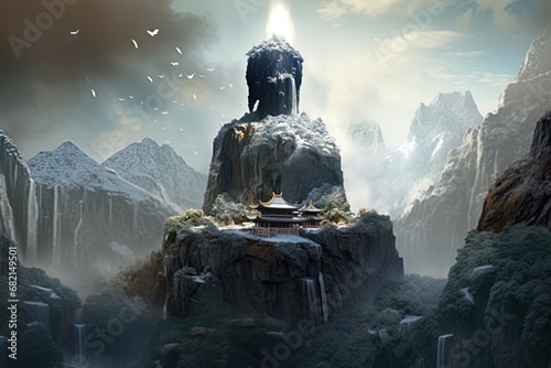 Big buddha statue shape landscape of a beautiful landscape of Wu Tang Shan with many Mountains with snow and frozen waterfall