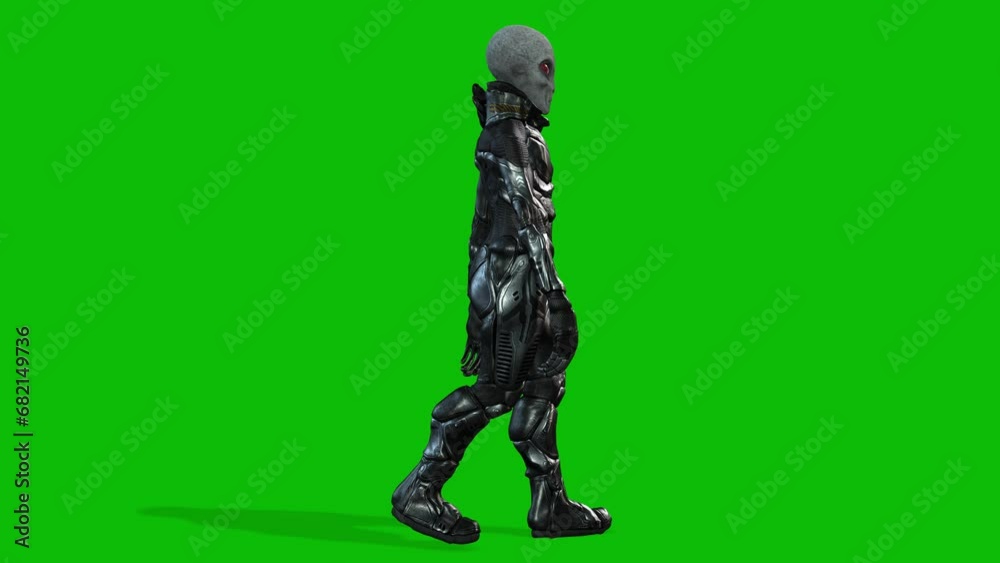Grey alien wearing a space suit walking on green screen, seamless loop 3D animation, side view Grey alien wearing a space suit walking on green screen, seamless loop 3D animation, side view