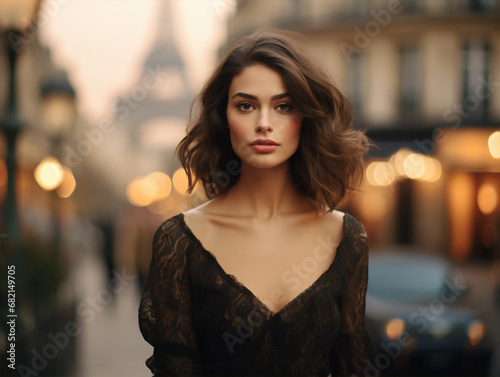 Portrait of beautiful french woman in front of Paris city street on the background