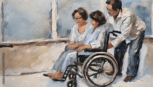車椅子に乗ってる人を手助けする医療現場の人 イラスト