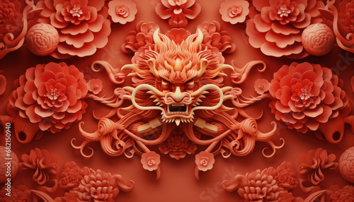 2024 chinese new year dragon in red and white design, happy lunar new year background photo