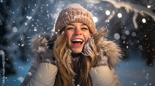 Close up portrait of Woman happily screaming into falling snow