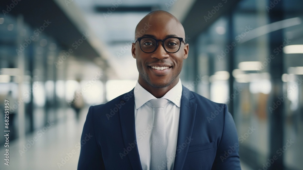 Portrait of a successful black businessman against the office space background with space for text, AI generated Portrait of a successful black businessman against the office space background with space for text, AI generated