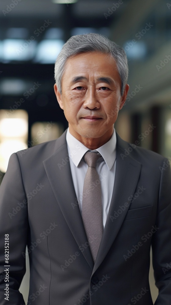 Portrait of a successful old asian businessman against the office space background with space for text, AI generated