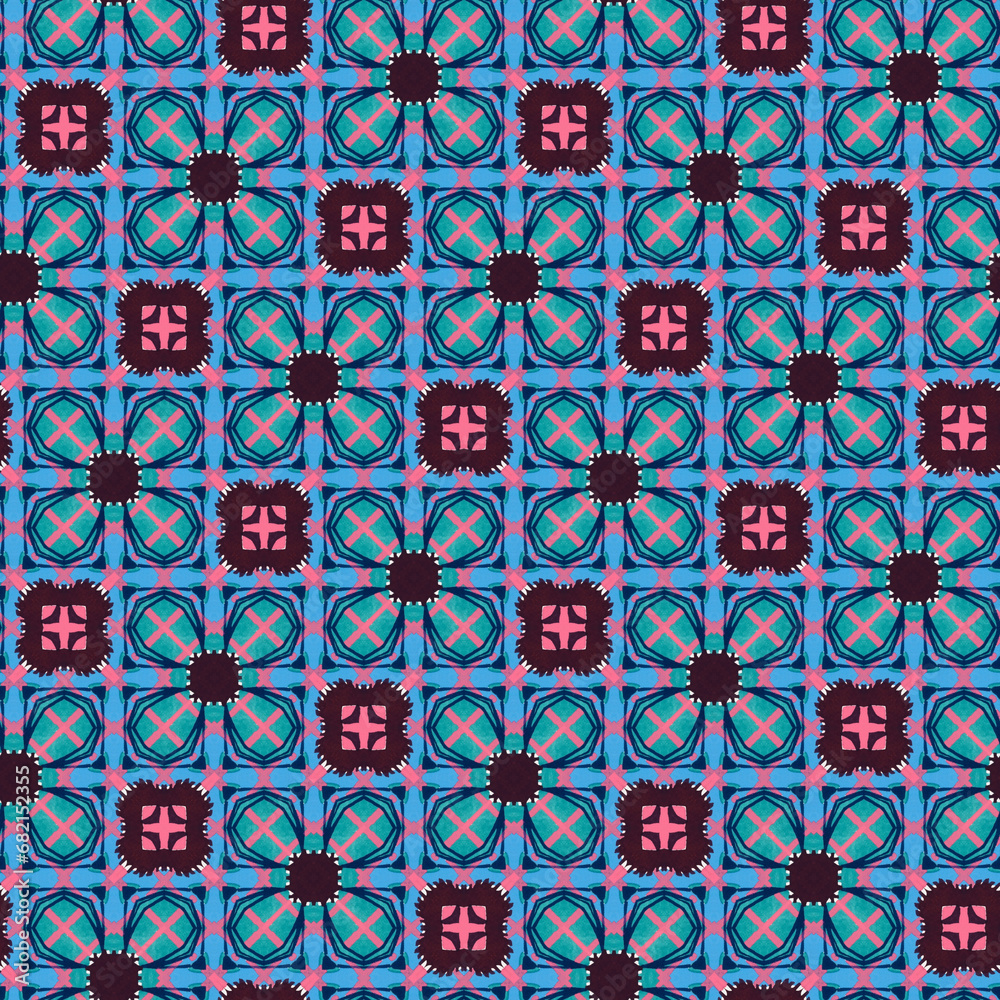 JPEG blue, pink and burgundy retro floral square geometric seamless pattern.  Perfect for fabric, wallpaper, textiles, soft furnishings, interior design, home decor, stationery, scrapbooking and more.