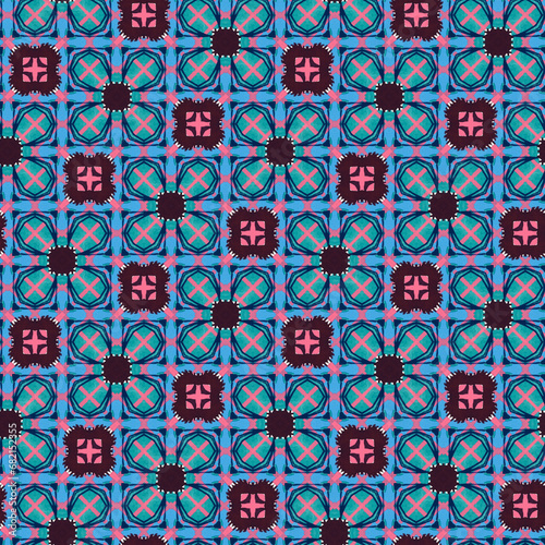 JPEG blue, pink and burgundy retro floral square geometric seamless pattern. Perfect for fabric, wallpaper, textiles, soft furnishings, interior design, home decor, stationery, scrapbooking and more.