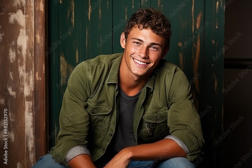 Obraz premium Handsome smiling, happy and pleased man with positive vibes. Human person dressed in fashionable, colorful and fun clothes. Generative AI, AI