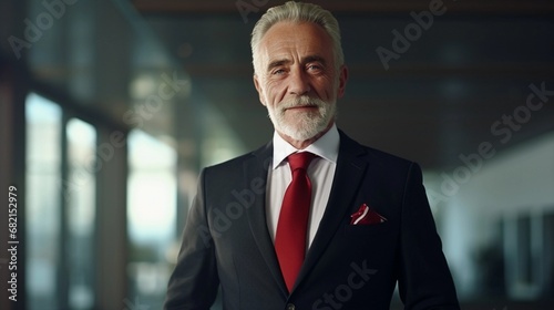 Portrait of a successful old white businessman against the office space background with space for text, AI generated © Hifzhan Graphics
