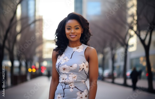 Attractive pretty African woman walking in city street with confident and smile , Generative Ai 