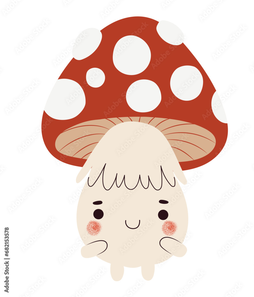 Adorable mushroom creature with hands and feet smiling and blushing, hand drawn isolated vector illustration Adorable mushroom creature with hands and feet smiling and blushing, hand drawn isolated vector illustration