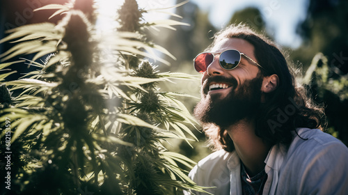 Vibrant energy of a young male connoisseur hosting an outdoor cannabis seminar on a sunny day.