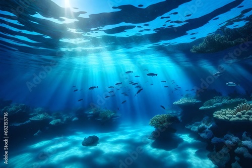 Dark blue ocean surface seen from underwater with the fisheyes photo